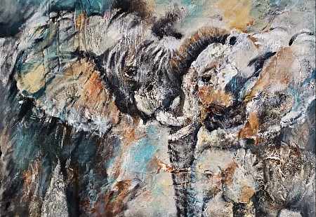 Koppel olifanten met jong geschilderd door Ineke Duyndam-kester